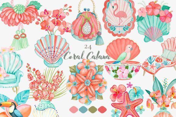 Download Coral Cabana Watercolor Clipart Set - Watercolor clipart set Collection