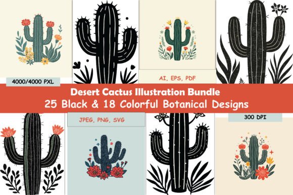 Download 25 Black &amp; 18 Color Cactus Designs - Black Collection